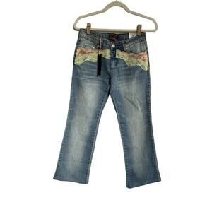 NWT Clash Juniors 5 Jeans Y2K 90s Light Wash Green Orange Lace Details #2480